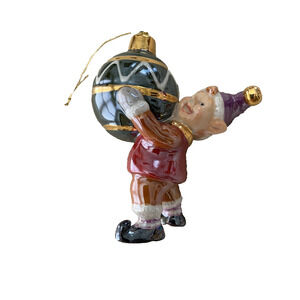 Vtg Christmas Elf Holding Ball Ornament Glossy Colorful Ceramic 5" Ornament